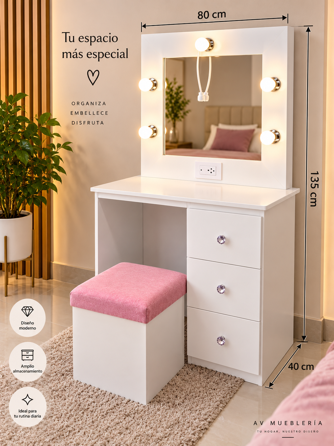 Coqueta Vanity Mediana 135cm alto y 3 Gavetas